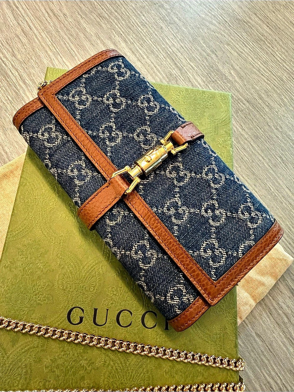 Gucci Jackie 1961 Chain Wallet in Blue & Brown